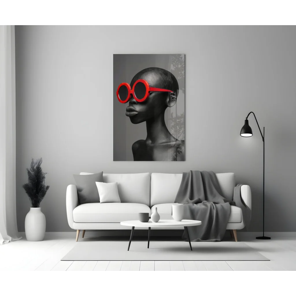 Black-and-white woman portrait canvas wall art with bold red sunglasses