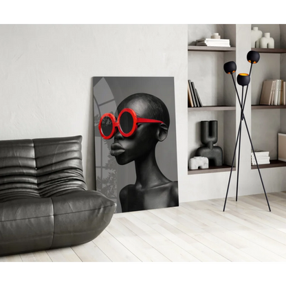 Black-and-white canvas portrait of woman in bold red sunglasses wall art