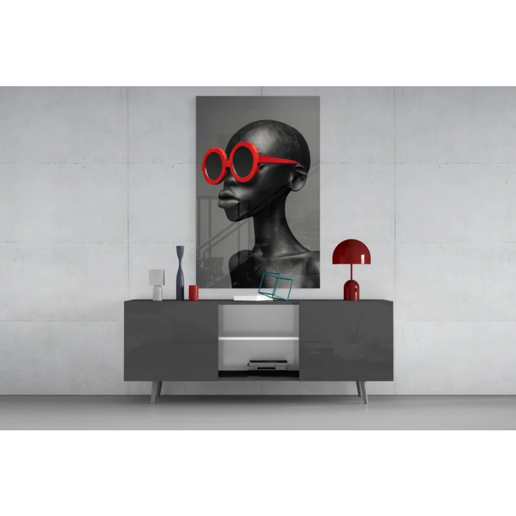 Bold red sunglasses in striking black-and-white portrait wall art