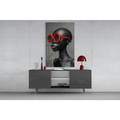 Bold red sunglasses in striking black-and-white portrait wall art