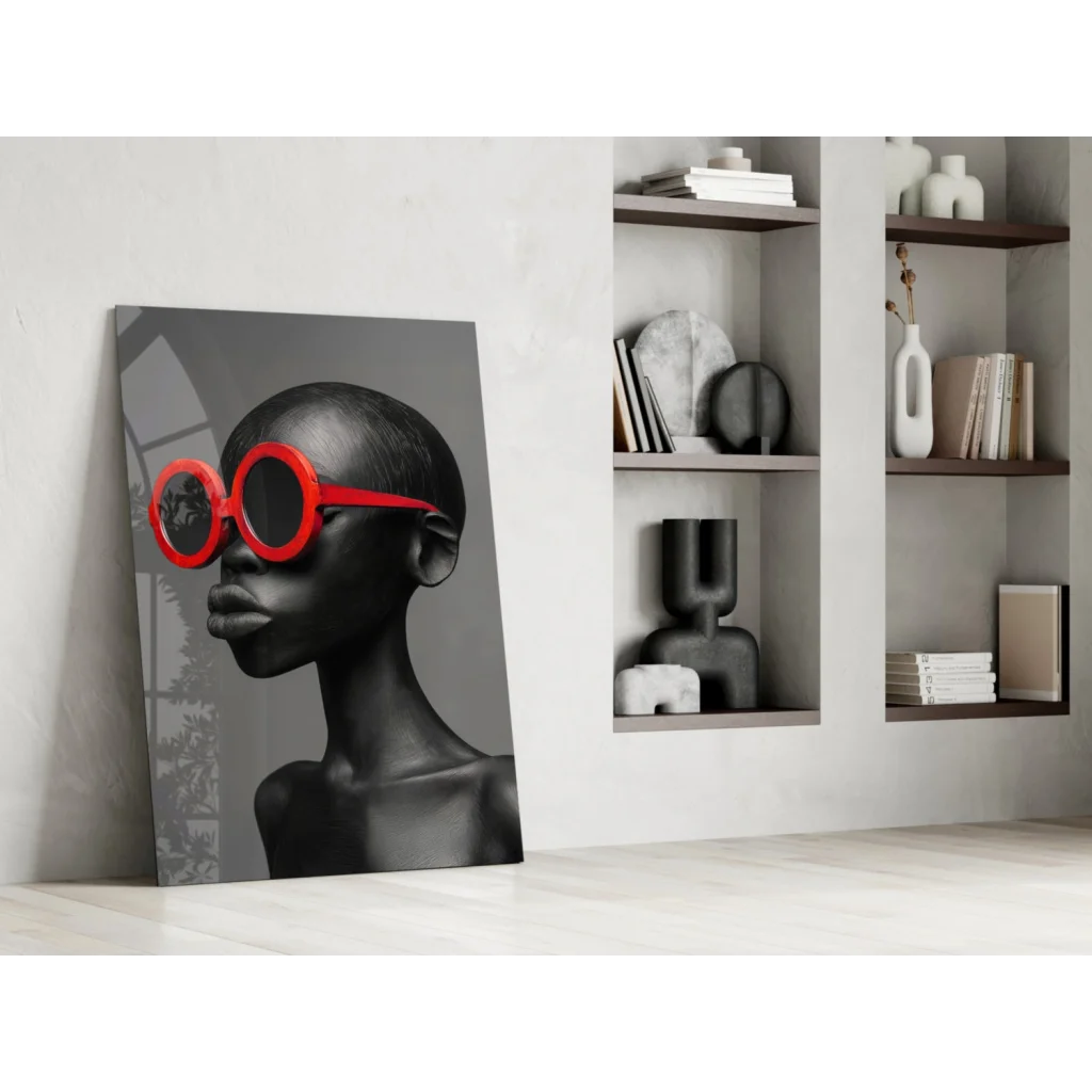 Stylized black-and-white portrait woman in bold red sunglasses wall art