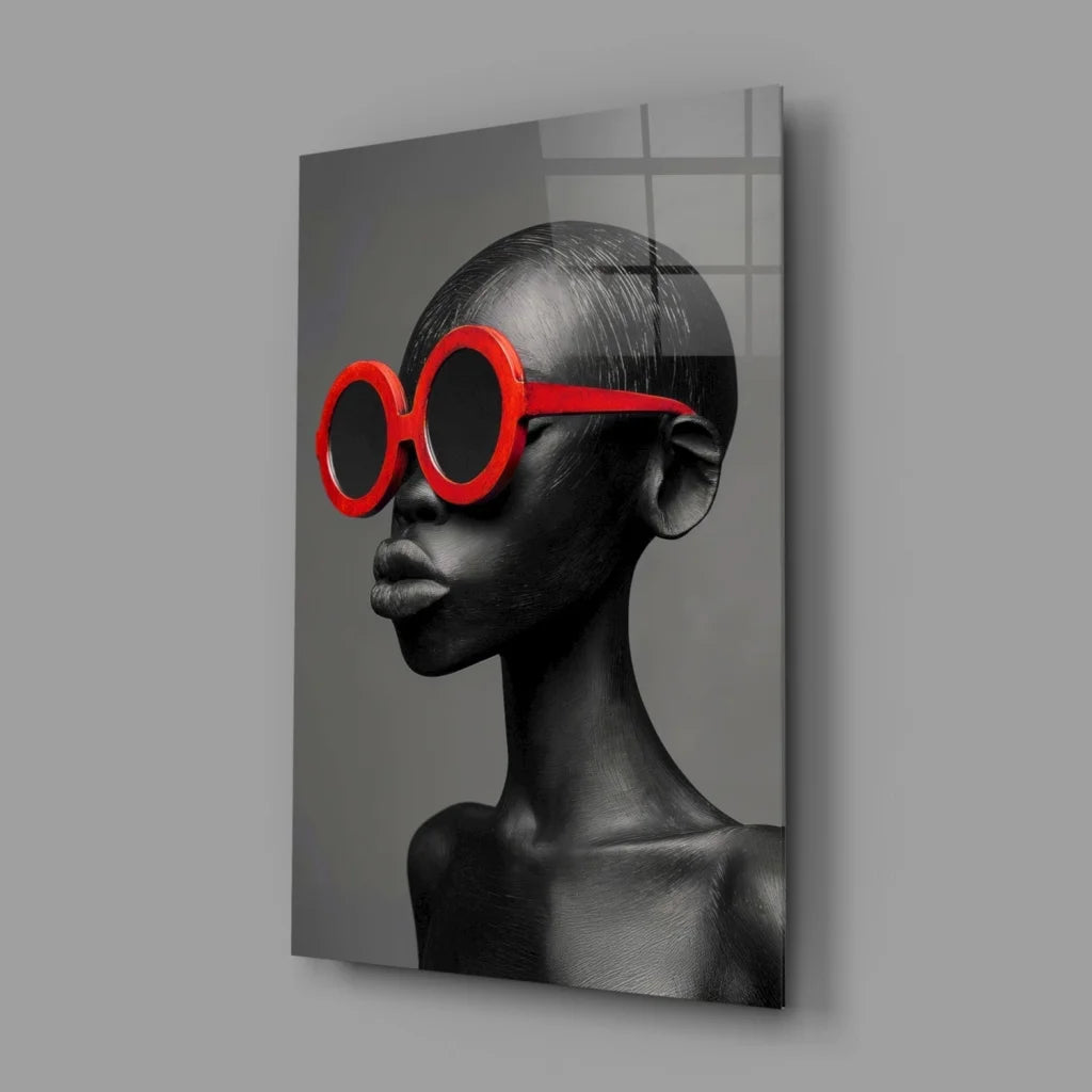 Striking black-and-white portrait canvas wall art with bold red sunglasses figure