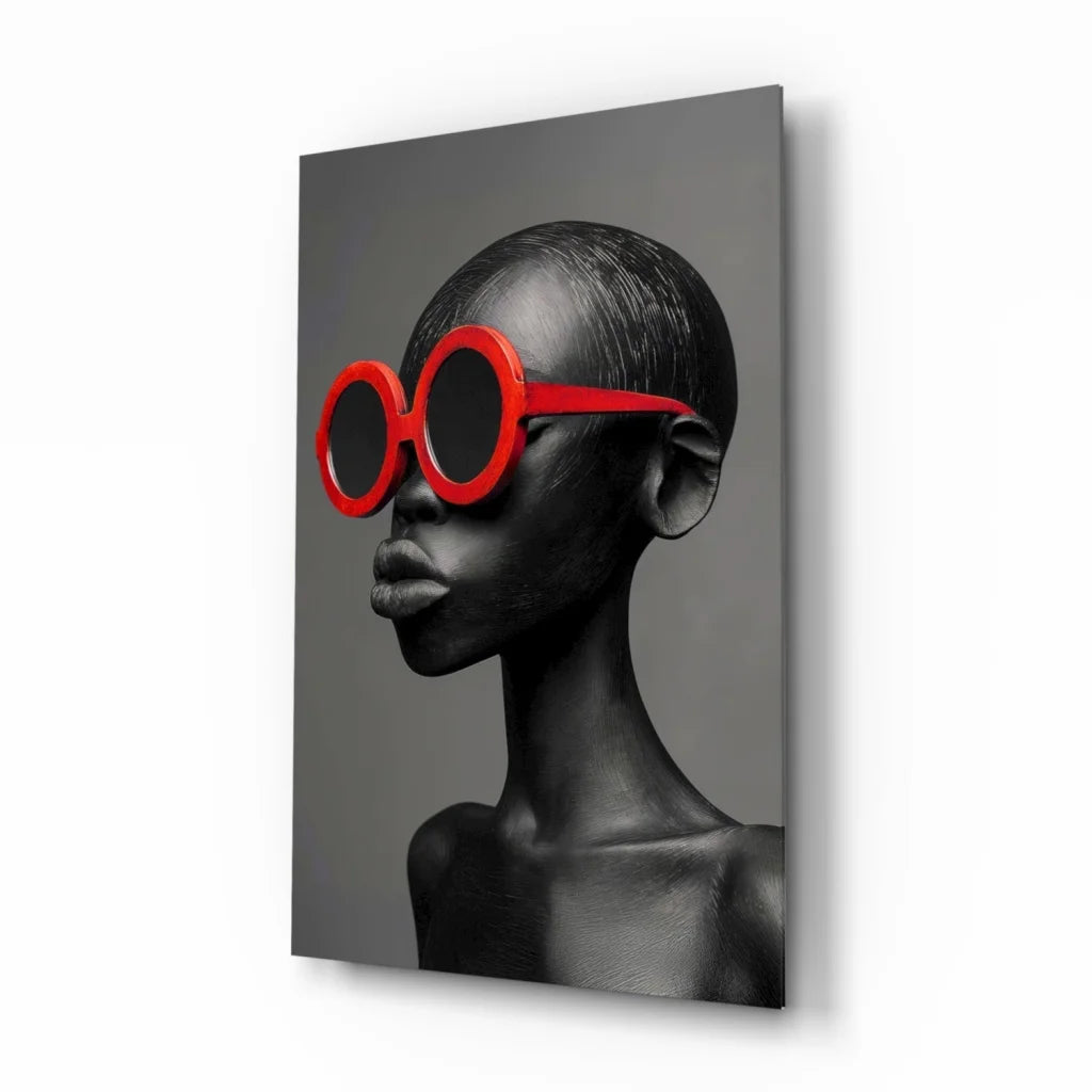 Bold red sunglasses portrait canvas wall art in black and white