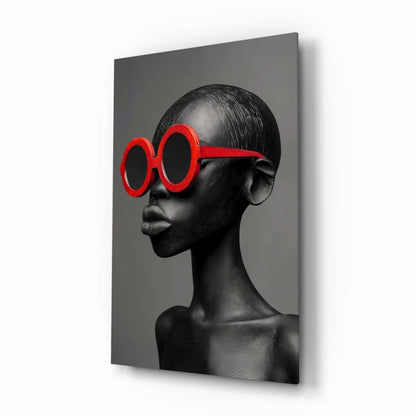 Bold red sunglasses portrait canvas wall art in black and white