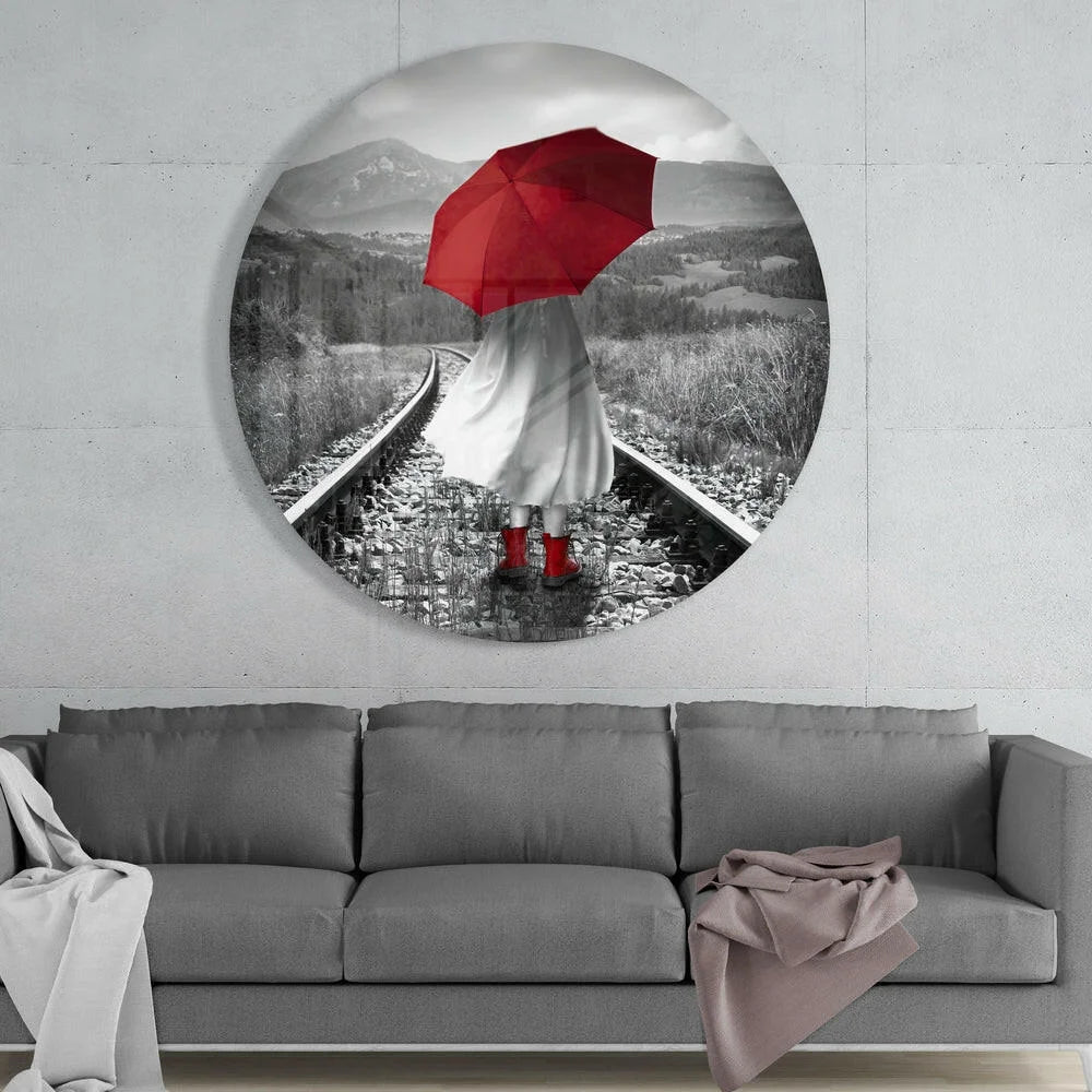 Bold Red Umbrella woman in white dress on tracks, tempered glass art circle