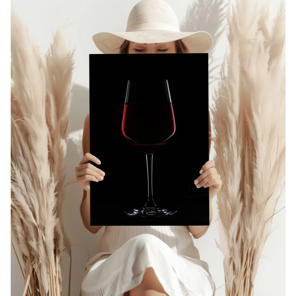 Bold red wine glass in black-framed poster on sleek black background