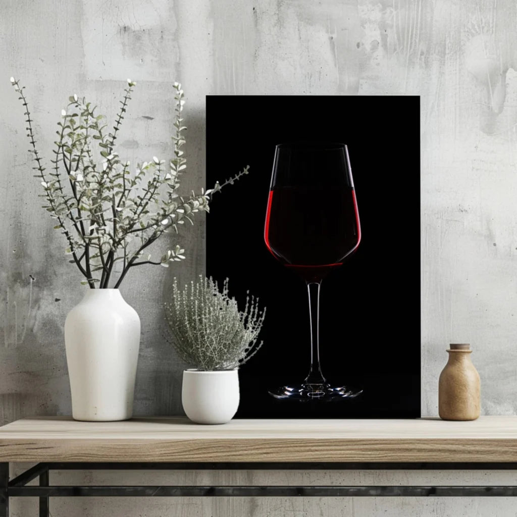 Black-framed canvas print of red wine glass on black background