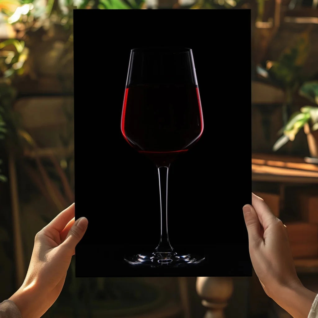 Black-framed poster of hands holding red wine glass on sleek black background