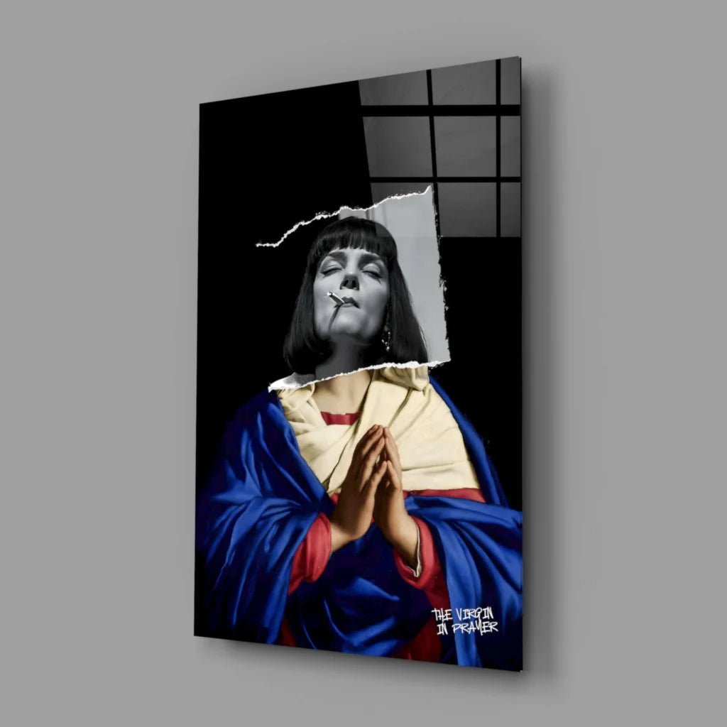 Blue and gold religious glass wall art with torn paper effect