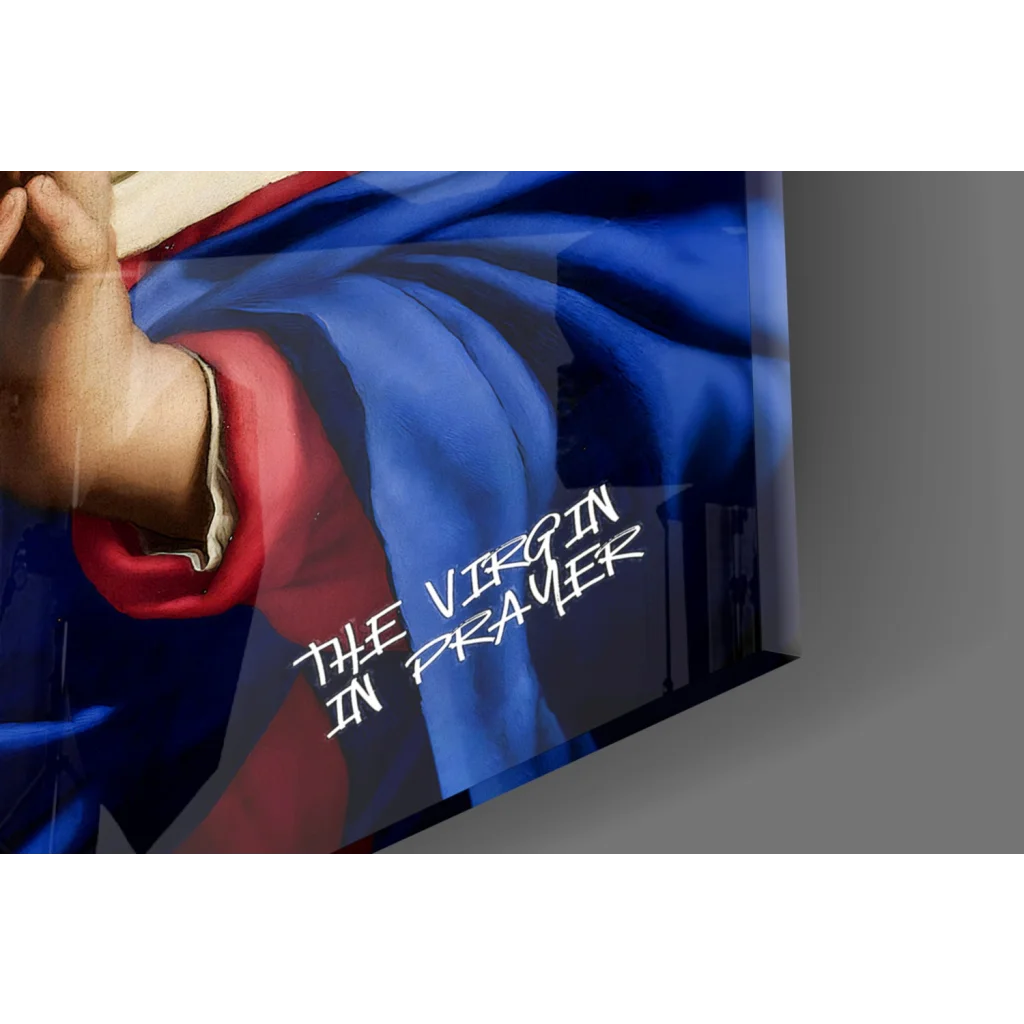 Bold blue and red Virgin in Prayer glass wall art for modern homes