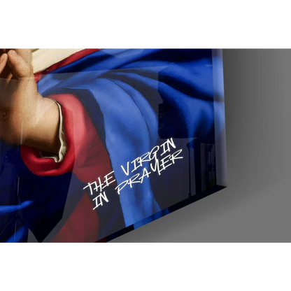 Bold blue and red Virgin in Prayer glass wall art for modern homes