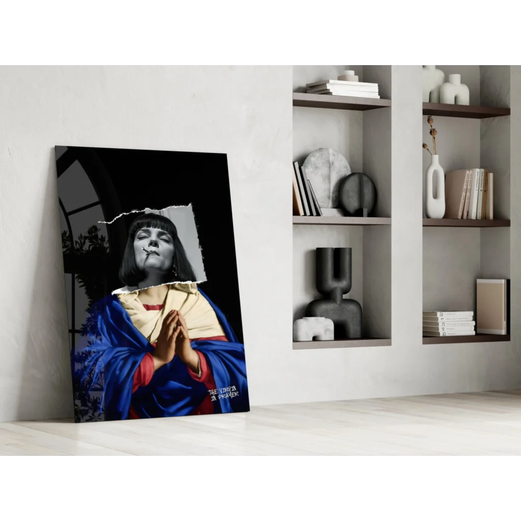 Praying woman in blue red robe on glass wall art