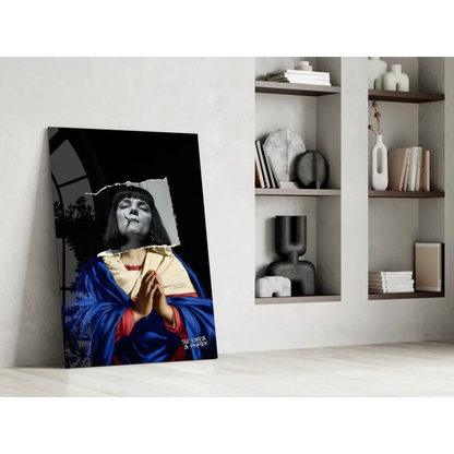 Praying woman in blue red robe on glass wall art