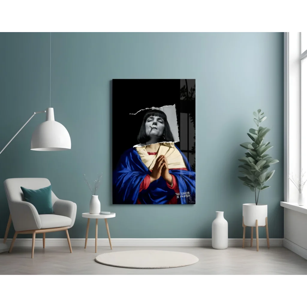 24x36 inch blue gold praying figure glass wall art canvas print