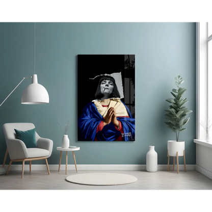 24x36 inch blue gold praying figure glass wall art canvas print