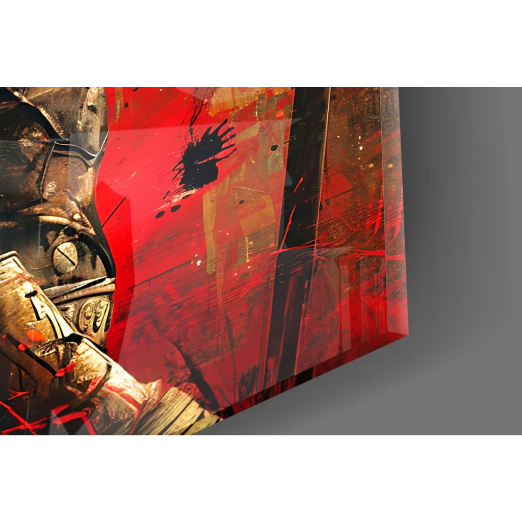 Bold gold knight in Spartan warrior glass wall art with red black accents