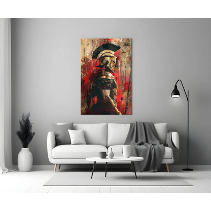 Bold Spartan warrior glass wall art in red and black dynamic pose