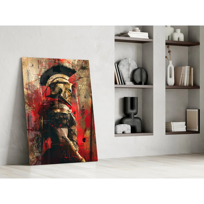 Bold gold samurai helmet wall art print on canvas with red accents