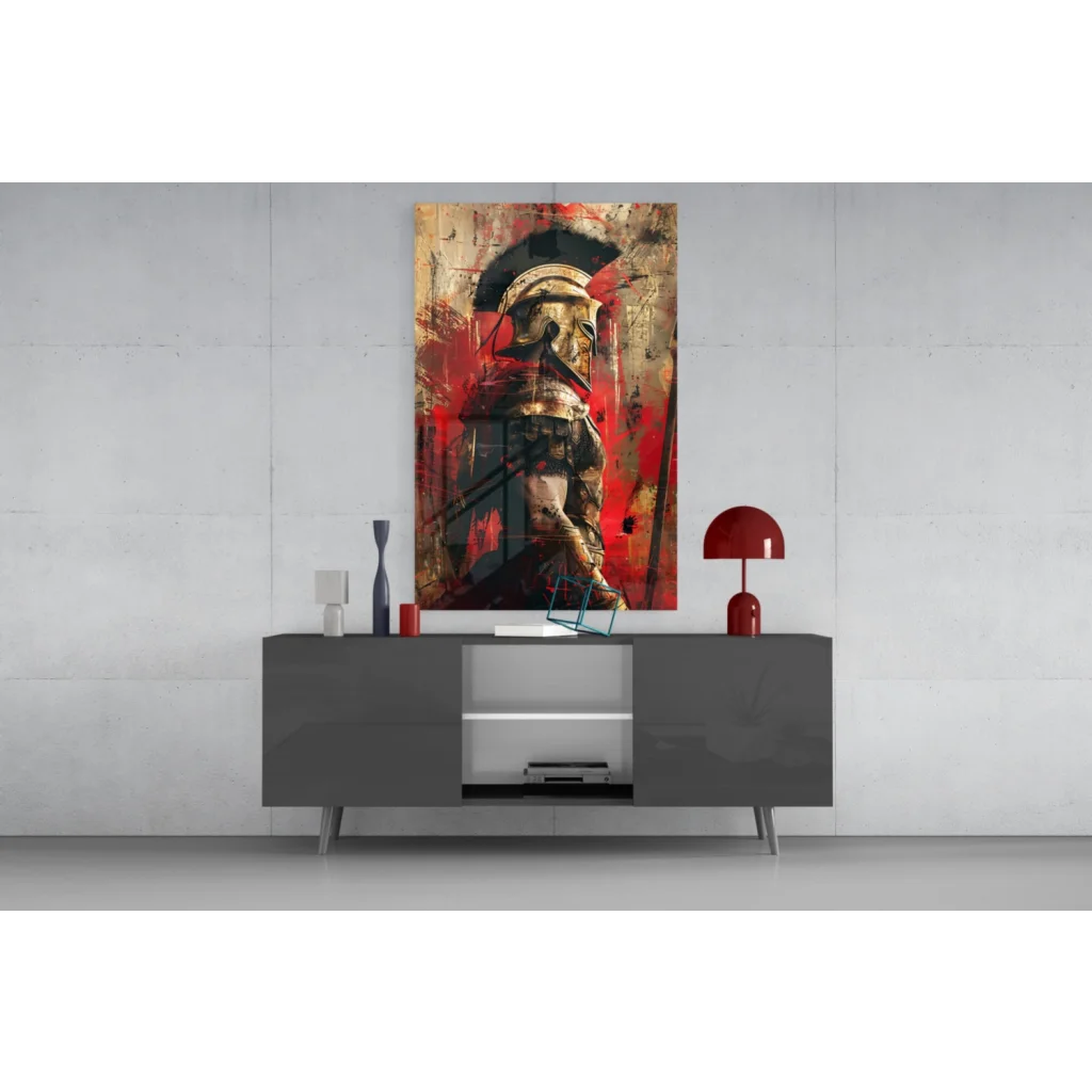 Bold Spartan Warrior glass wall art with red and gold accents