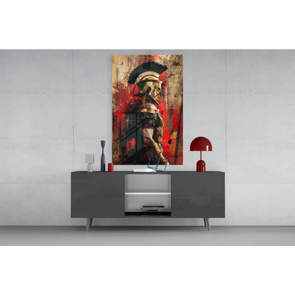 Bold Spartan Warrior glass wall art with red and gold accents