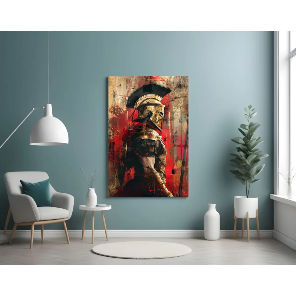 Bold Spartan Warrior wall art canvas print with red and gold accents