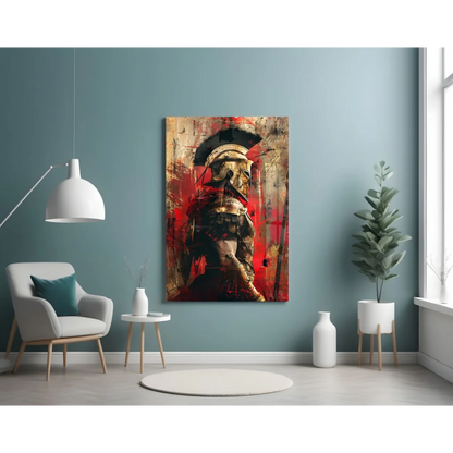 Bold Spartan Warrior wall art canvas print with red and gold accents