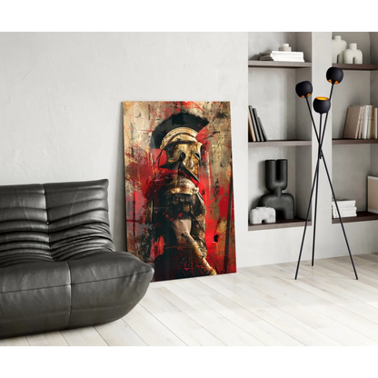 Bold Spartan Warrior glass wall art in red, black, and gold accents