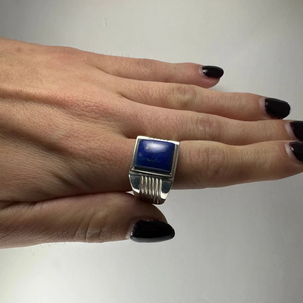 Bold silver lapis lazuli ring with rectangular stone and ribbed band