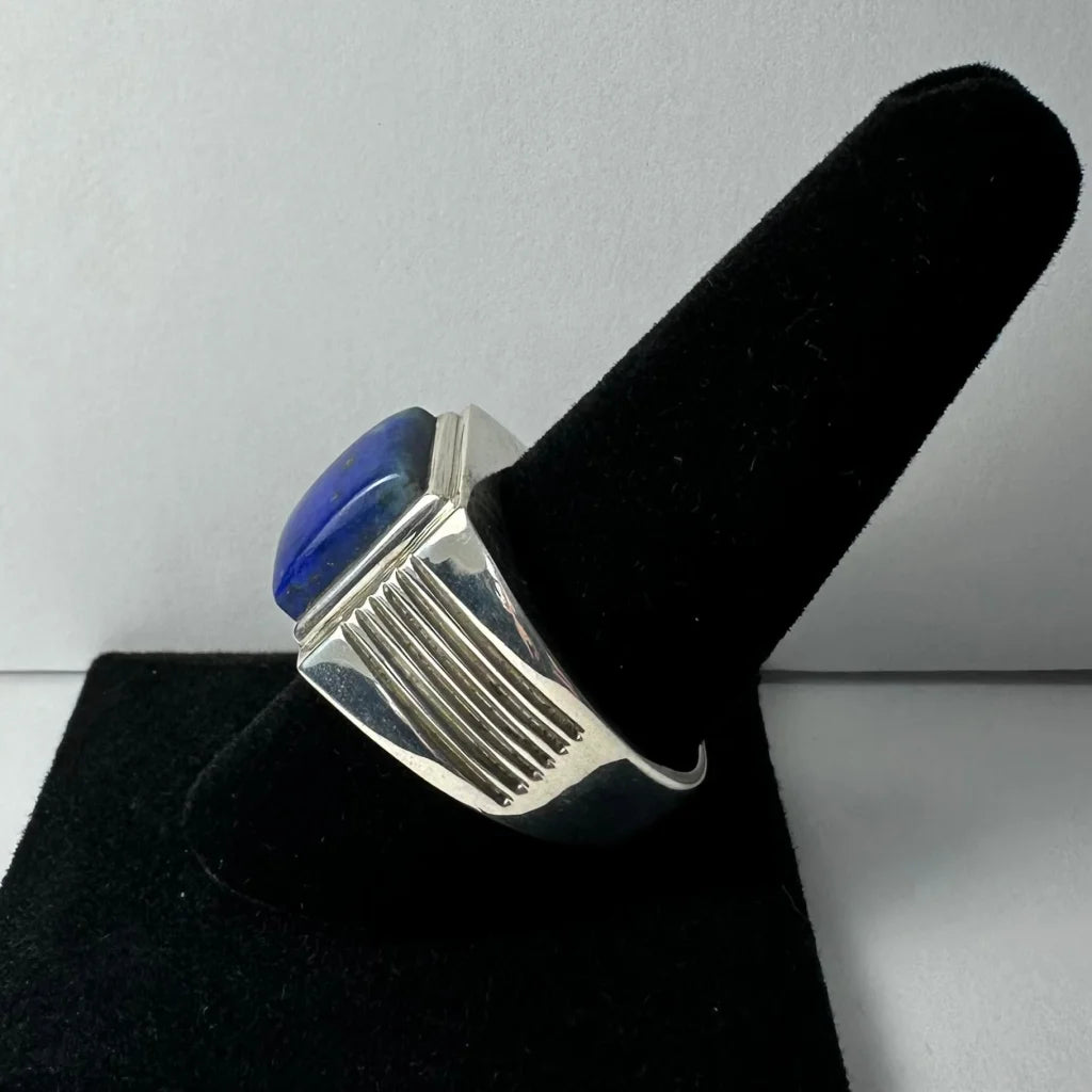 Bold sterling silver lapis lazuli ring with rectangular stone and ribbed band