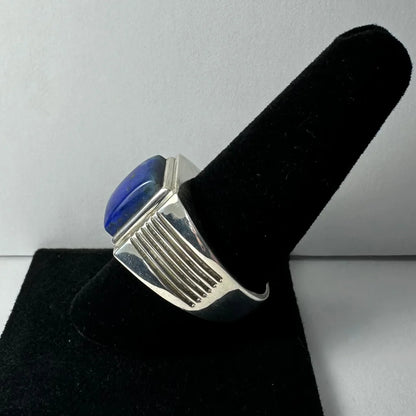 Bold sterling silver lapis lazuli ring with rectangular stone and ribbed band