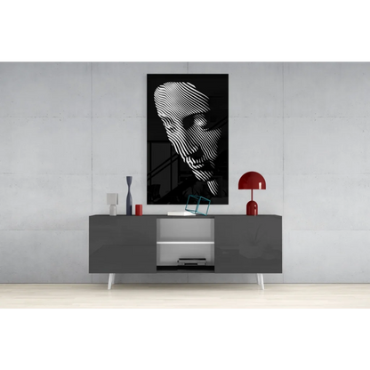 Bold striped face abstract wall art portrait over gray console