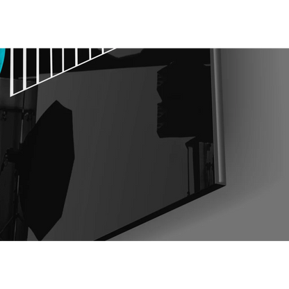 Bold teal abstract glass wall art with black umbrella and geometric curves