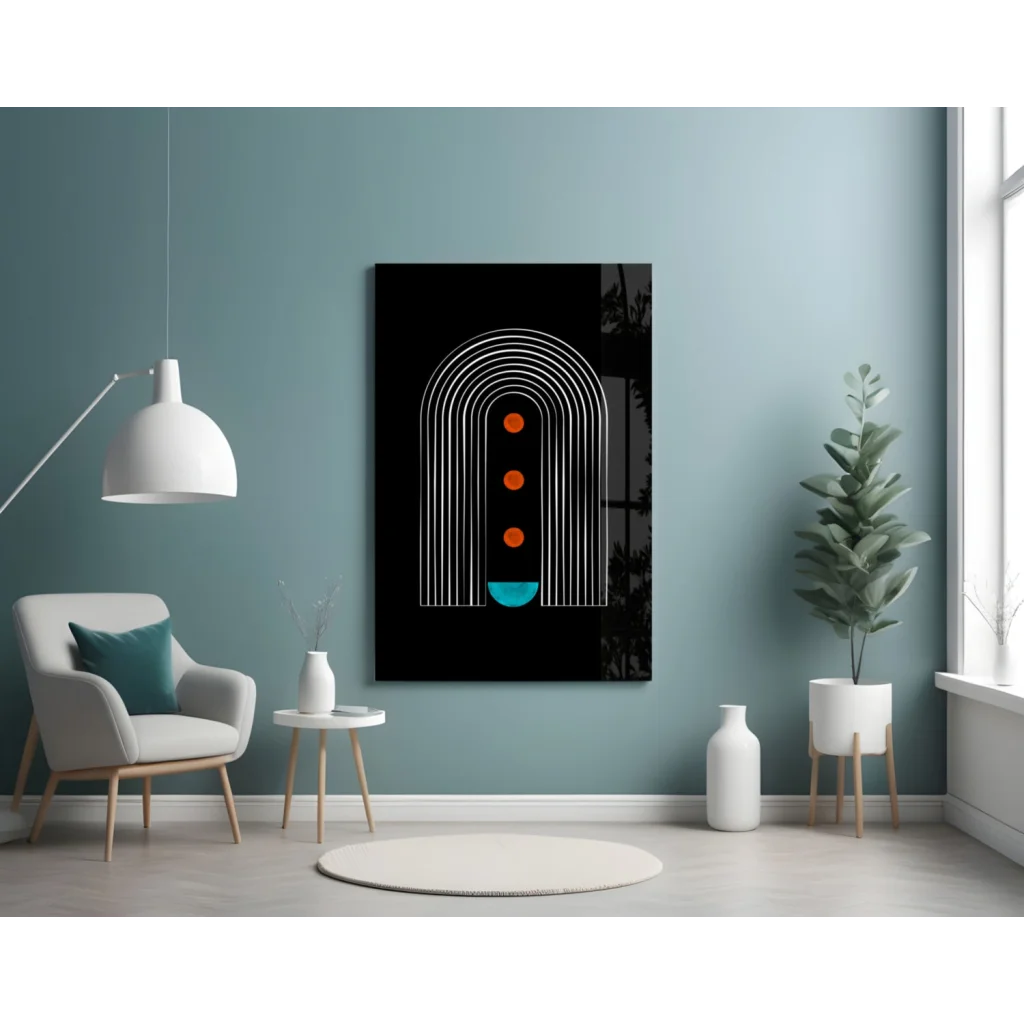 Bold teal glass wall art with black abstract print, white arches, orange blue accents