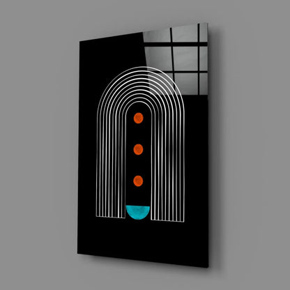 Bold teal abstract glass wall art with white arches, orange accents