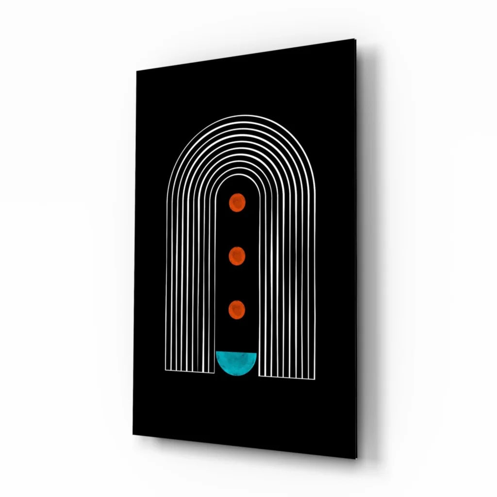 Bold teal abstract glass wall art with white arches and orange accents