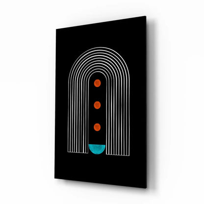 Bold teal abstract glass wall art with white arches and orange accents