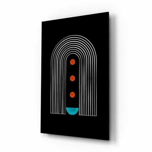Bold teal abstract glass wall art with white arches and orange accents