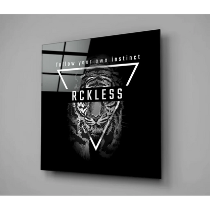 Bold tiger glass wall art with geometric patterns and motivational quote