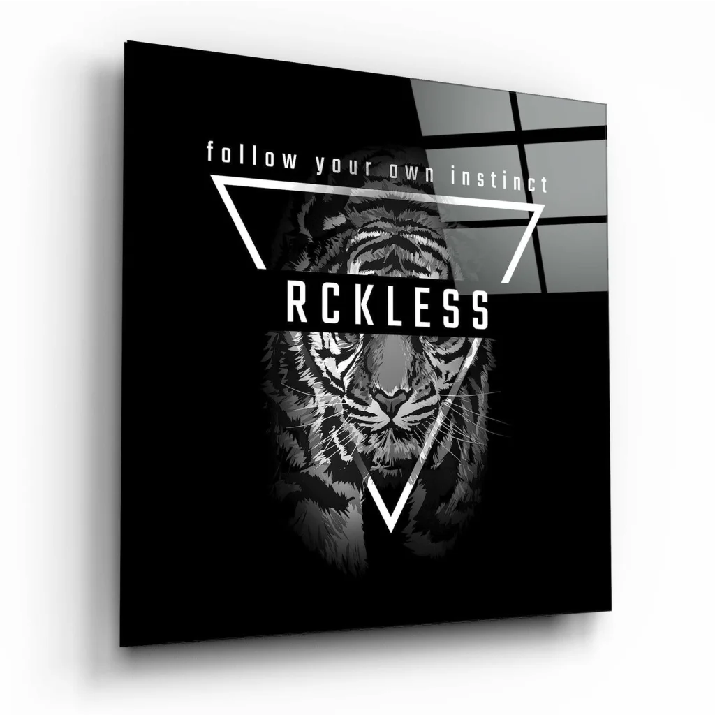 Bold tiger glass wall art with geometric patterns in black and white