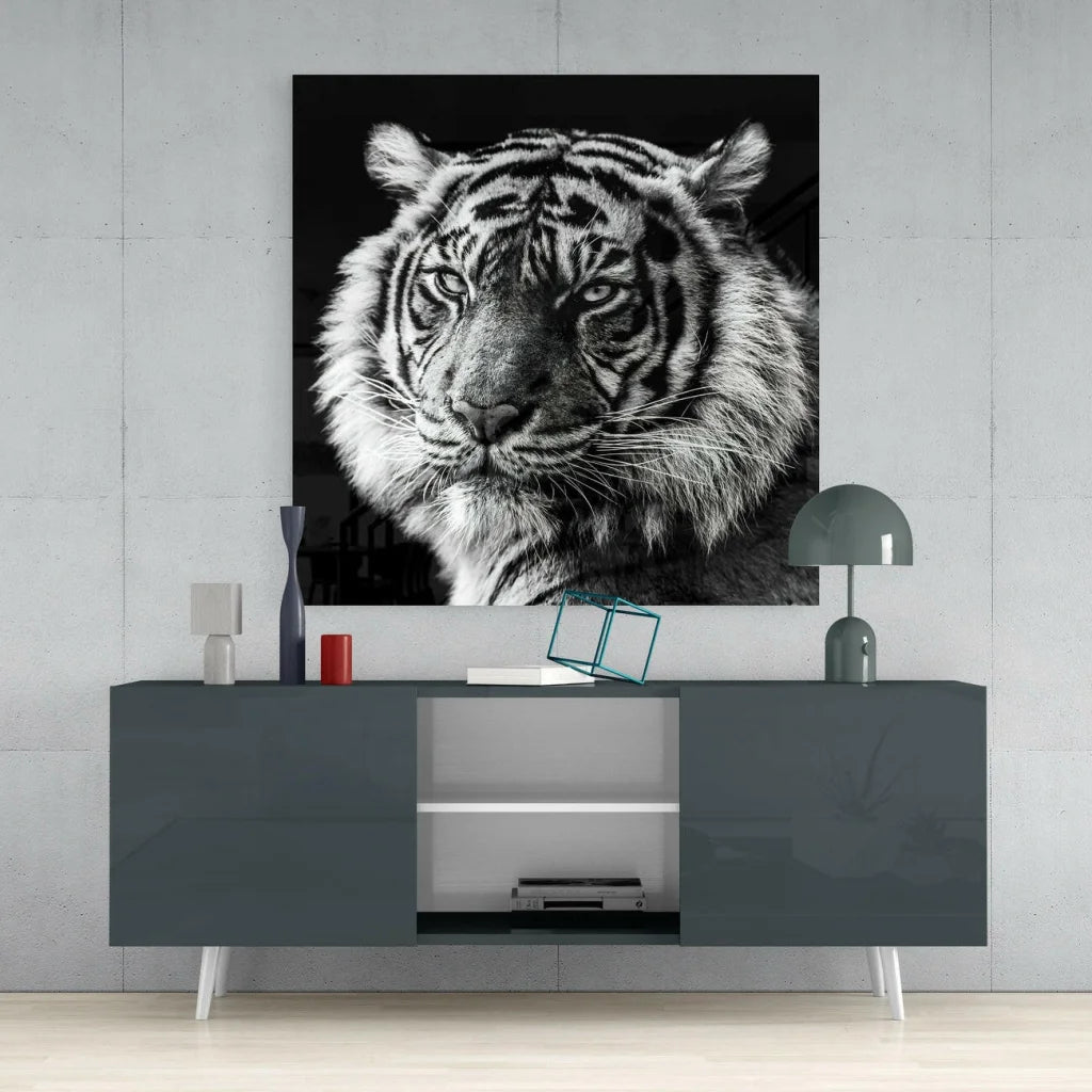 Bold black and white tiger glass wall art with glossy finish and textured fringe