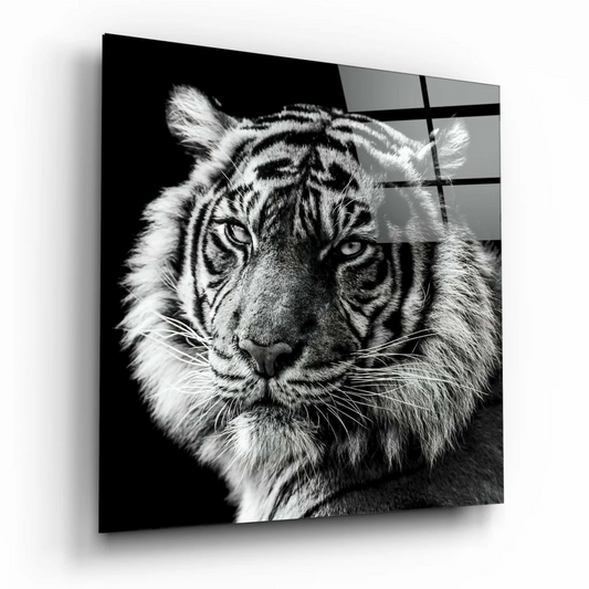 Sleek black and white tiger glass wall art with textured fringe