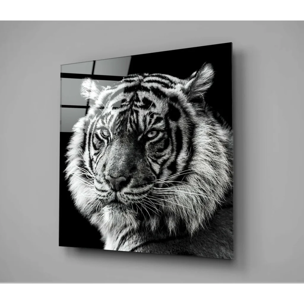 Bold black and white tiger glass wall art with textured fur fringe
