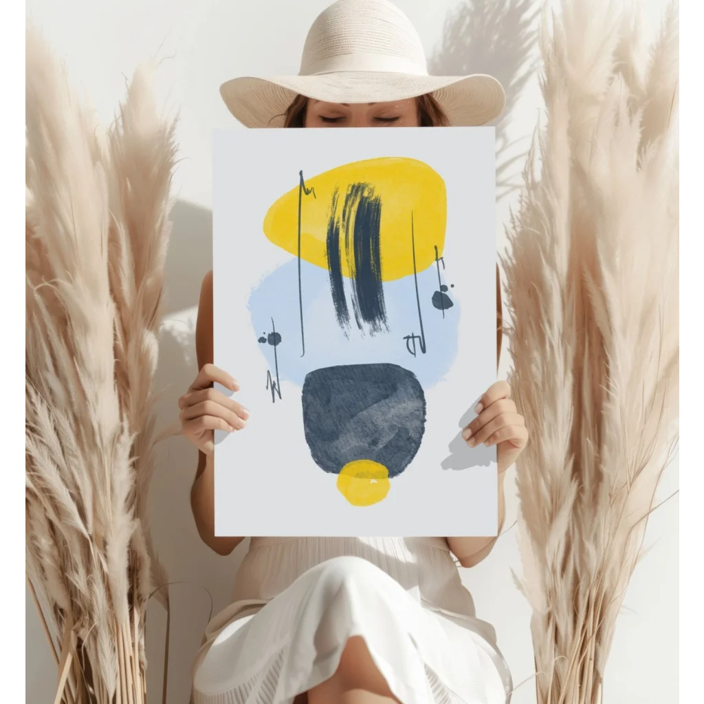 Bold yellow and blue abstract aluminum art print with black brushstrokes