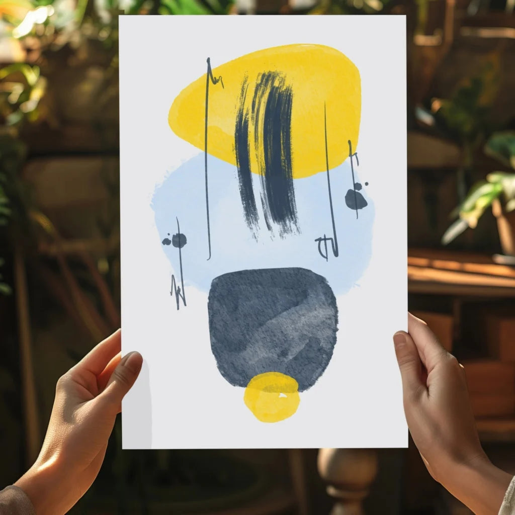 Bold yellow and blue abstract aluminum art print with black brushstrokes