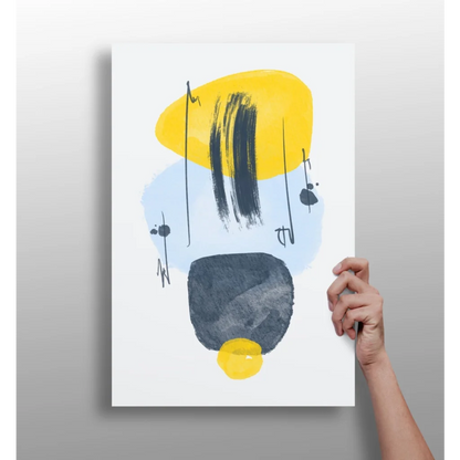 Bold yellow and gray abstract art print with black accents on white
