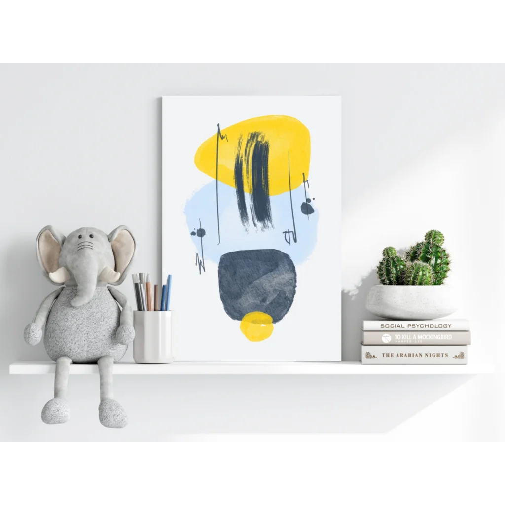 Gray plush elephant toy with floppy ears on white shelf