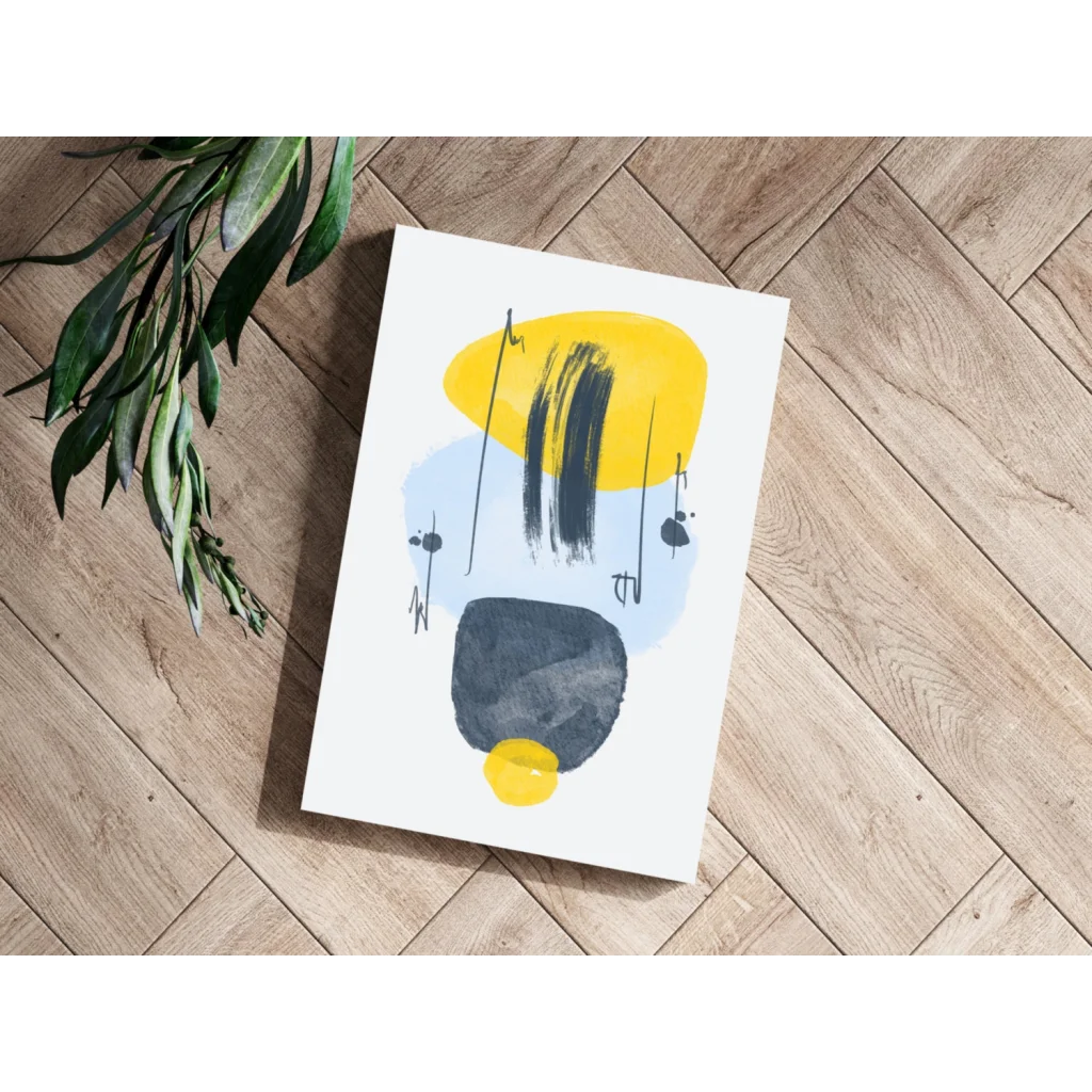 Bold yellow and blue abstract art print on white paper