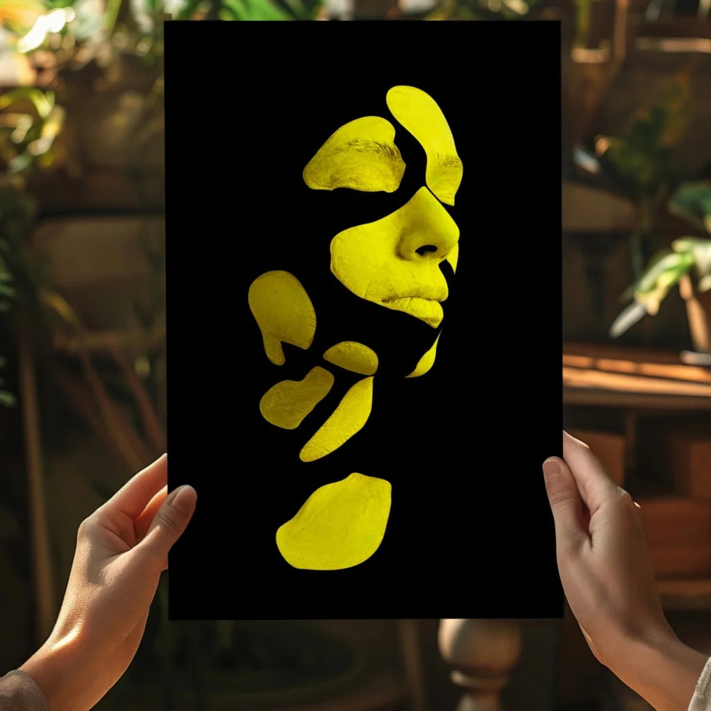 Bold yellow abstract face portrait on black canvas, held by hands
