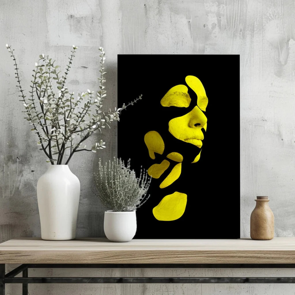 Vibrant yellow abstract portrait on black canvas print for modern spaces