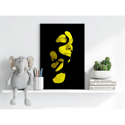 Bold yellow abstract human face silhouette on black canvas print